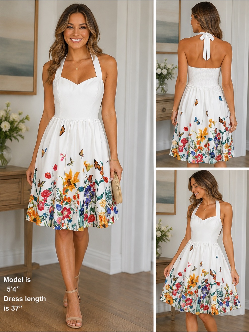 Cupshe Floral Butterfly Halter Dress Lined Smocked Back Fit & Flare M